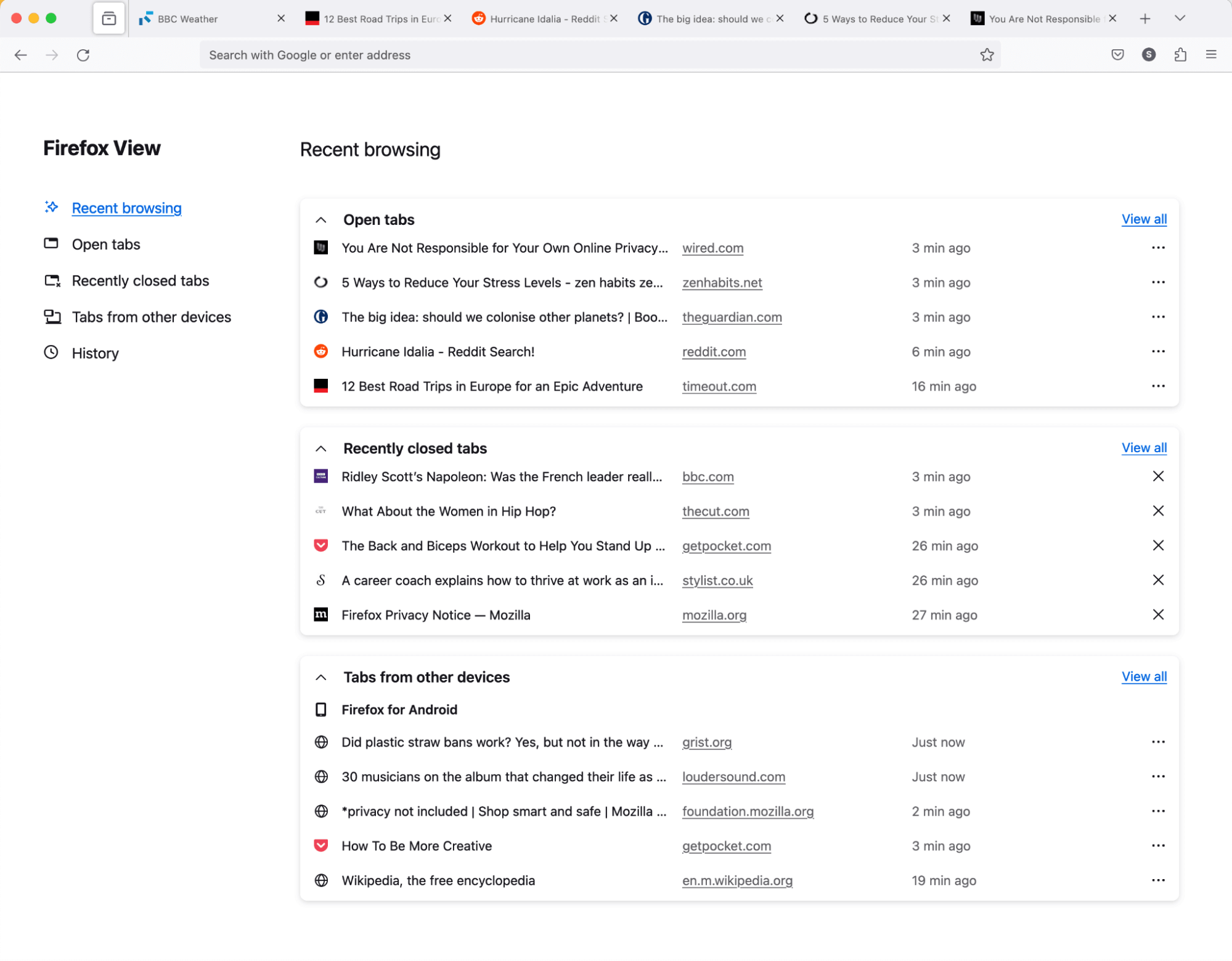螢幕截圖：Firefox View 顯示開啟分頁與其他裝置的分頁的